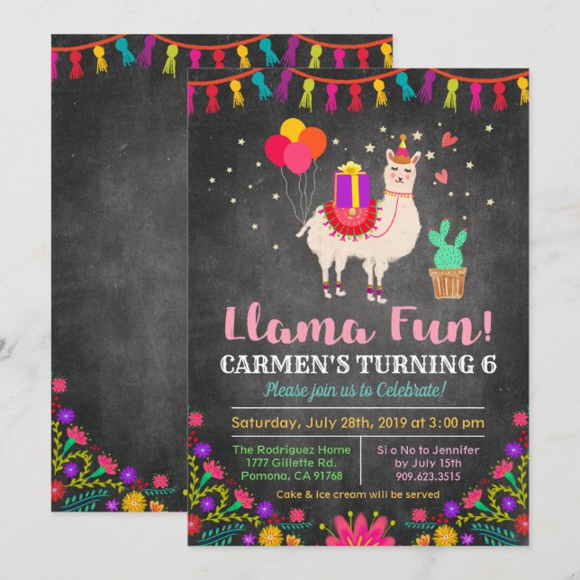 INVITATION D'ANNIVERSAIRE FLEURIE AU LAMA - TOUS Â (Devant / Derrière)