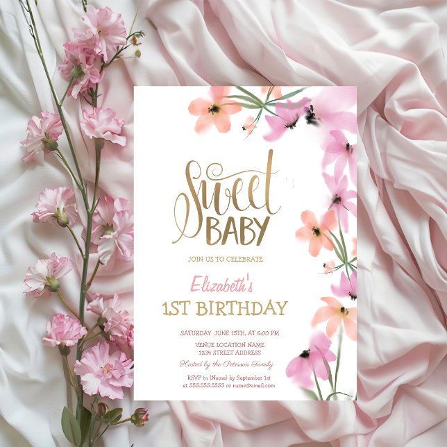 Invitation d'anniversaire Fleurs Bohème Rose Aquar (Créateur téléchargé)