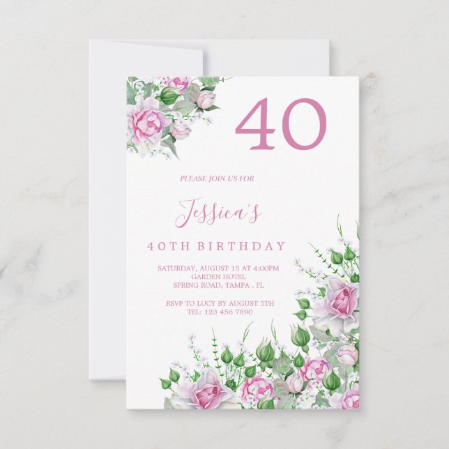 Invitation d'anniversaire Fleurs de coin Roses ros (Devant)