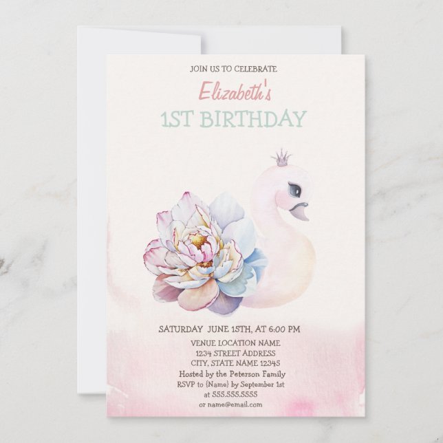 Invitation d'anniversaire Fleurs de cygne mignon a (Devant)