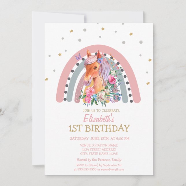 Invitation d'anniversaire Fleurs de licorne arc-en (Devant)