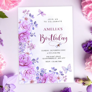 Invitation d'anniversaire fleurs libellule