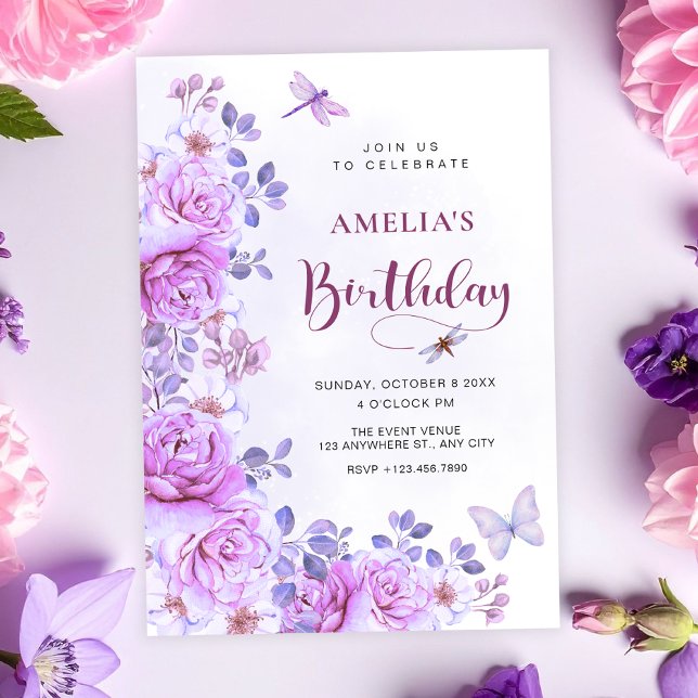 Invitation d'anniversaire fleurs libellule (Créateur téléchargé)