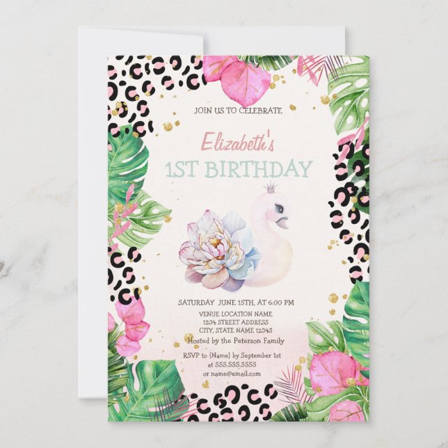 Invitation d'anniversaire Fleurs Tropicales Cygne  (Devant)