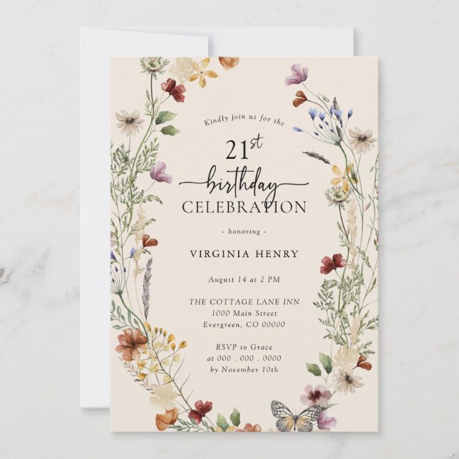 Invitation d'anniversaire floral 21 ans (Devant)
