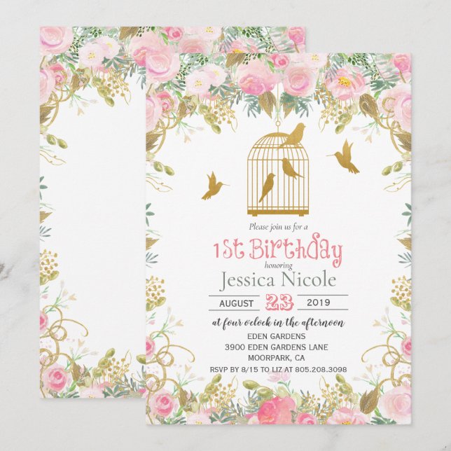 Invitation d'anniversaire Floral Birdcage 1ère ann (Devant / Derrière)