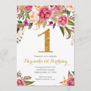 Invitation d'anniversaire Floral et Gold First Bir
