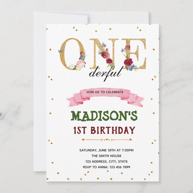 Invitation d'anniversaire Floral ONEderful (Devant)
