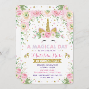 Invitation d'anniversaire Floral Unicorn Pink Gold