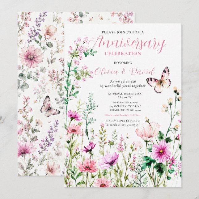 Invitation d'anniversaire florale à fleur sauvage  (Devant / Derrière)