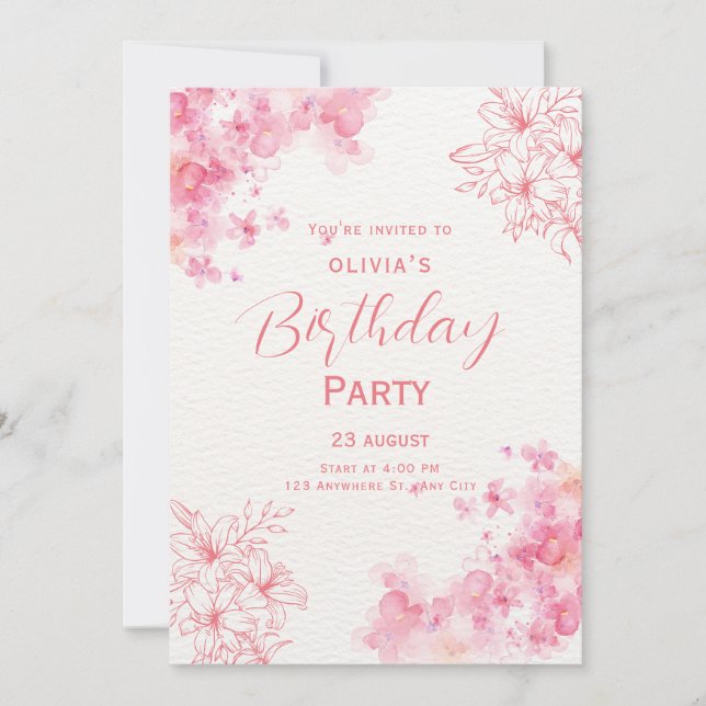 Invitation d'anniversaire florale aquarelle rose (Devant)