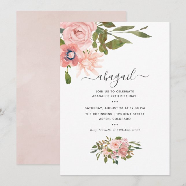 Invitation d'anniversaire florale aquarelle rose e (Devant / Derrière)