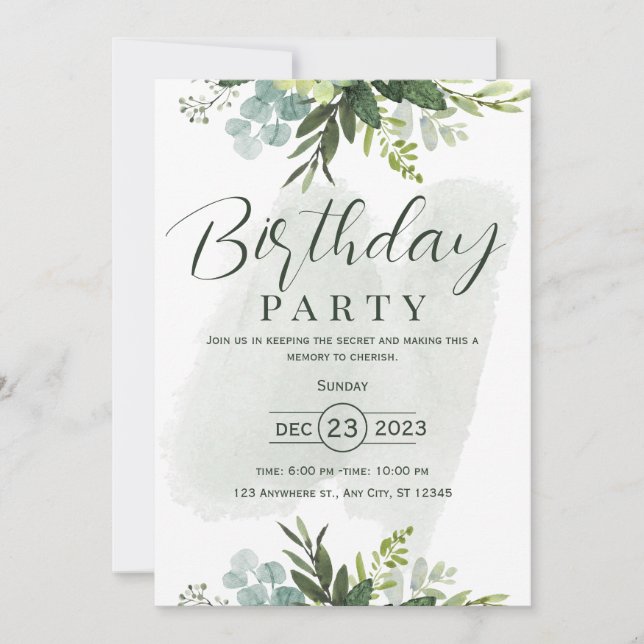Invitation d'anniversaire florale aquarelle verte (Devant)