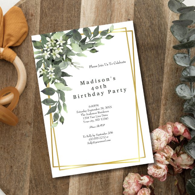 Invitation d'anniversaire florale avec cadre doré  (Elegant Gold Frame Greenery Birthday Invitation for her. Instant download digital, or Printed)