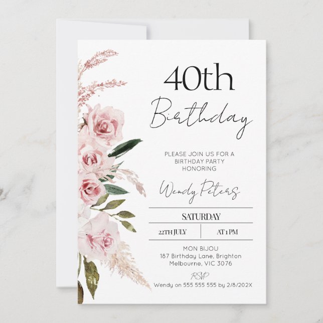 Invitation d'anniversaire florale de Boho rose vif (Devant)