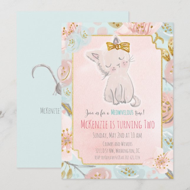 Invitation d'anniversaire florale de chaton mignon (Devant / Derrière)