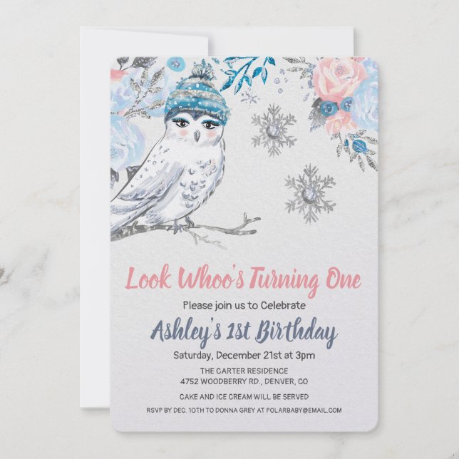 Invitation d'anniversaire florale de hibou pour to (Devant)