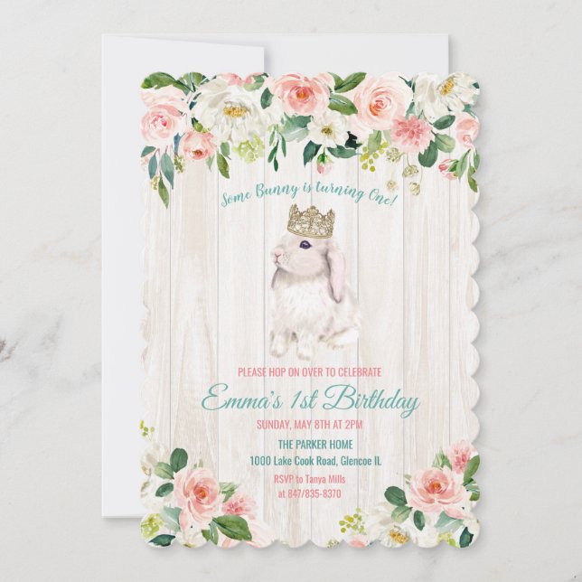 Invitation d'anniversaire florale de lapin pour to (Devant)