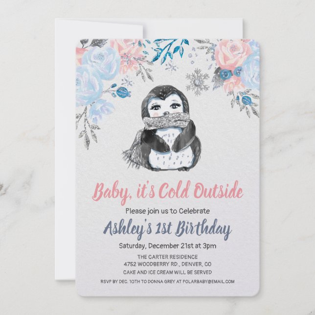 Invitation d'anniversaire florale de pingouin - TO (Devant)