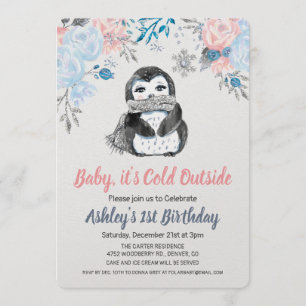 Invitation d'anniversaire florale de pingouin - TO
