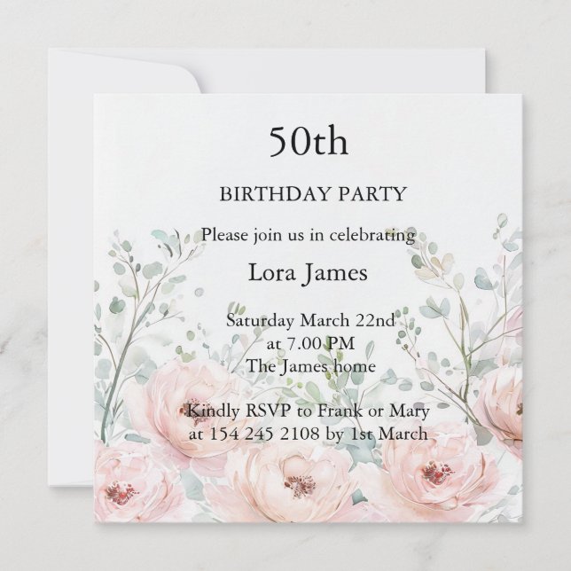 Invitation d'anniversaire florale élégante et fémi (Devant)