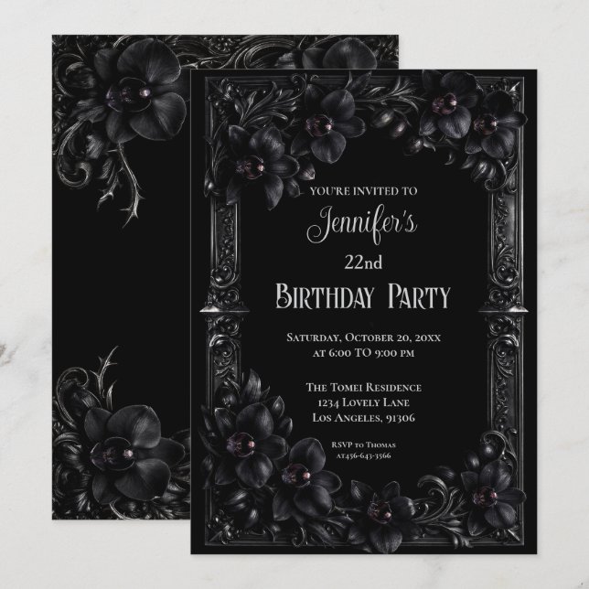 Invitation d'anniversaire florale gothique orchidé (Devant / Derrière)