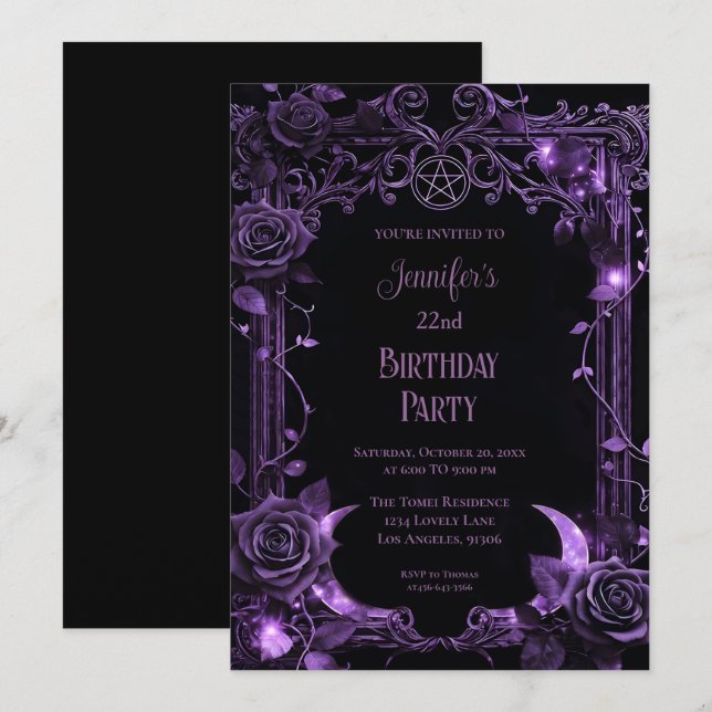 Invitation d'anniversaire florale gothique violett (Devant / Derrière)