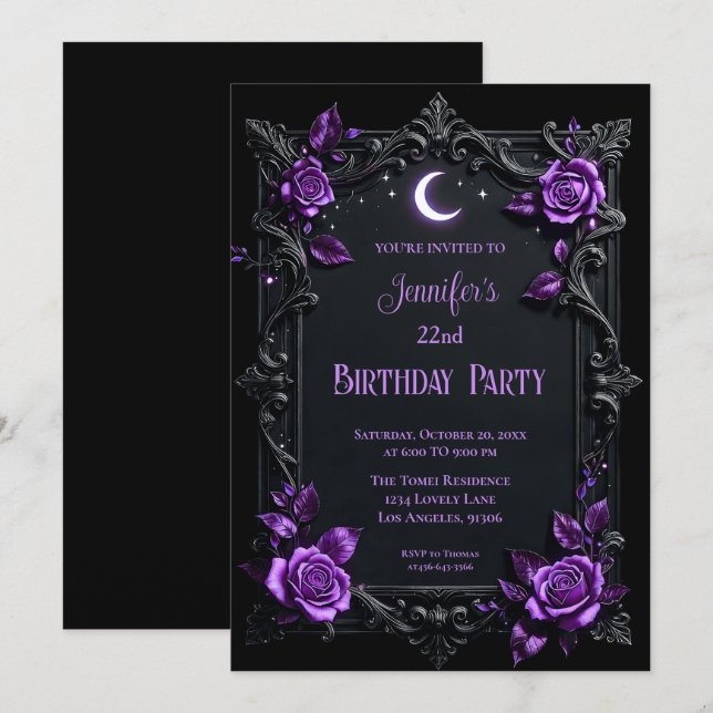 Invitation d'anniversaire florale gothique violett (Devant / Derrière)