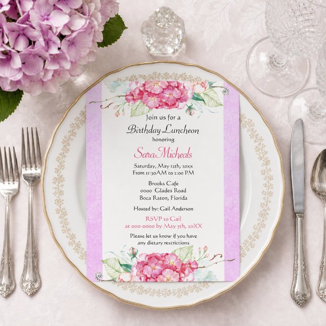 Invitation d'anniversaire florale Hydrangea rose é (Créateur téléchargé)