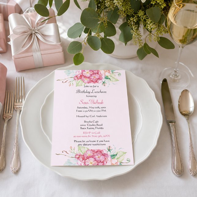 Invitation d'anniversaire florale Hydrangea rose é (Créateur téléchargé)