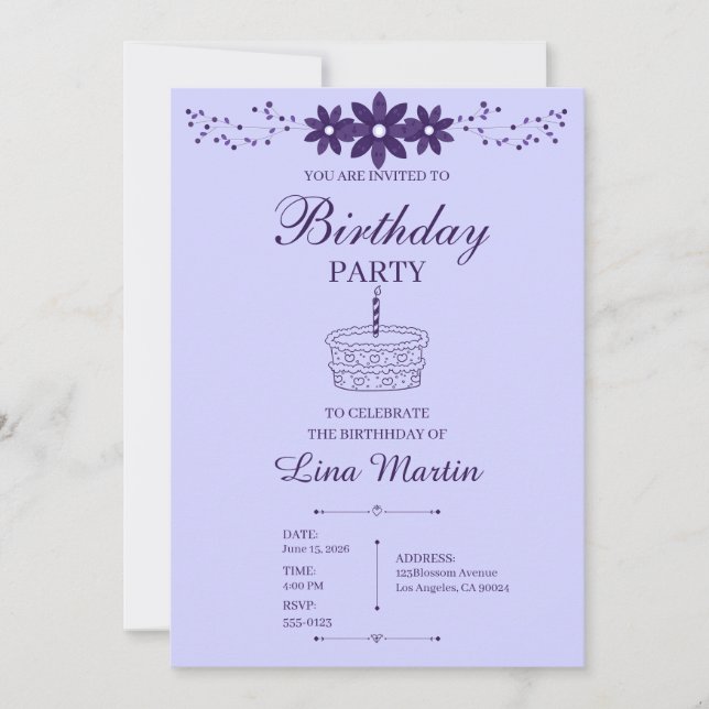 Invitation d'anniversaire florale lavande (Devant)