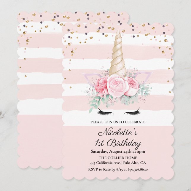 Invitation d'anniversaire florale licorne - TOUS Â (Devant / Derrière)