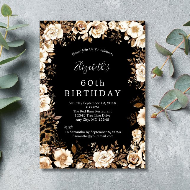 Invitation d'anniversaire florale noire blanche et (Black White Gold Floral Watercolor 60th 70th 80th Women's Birthday Invitation)