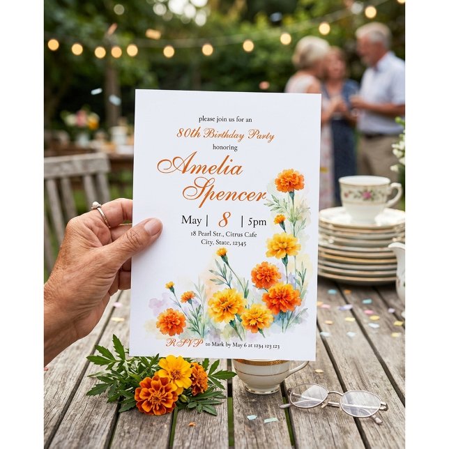 Invitation d'anniversaire florale orange aquarelle (Créateur téléchargé)