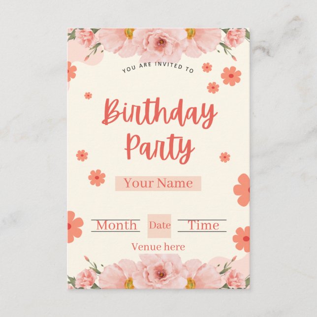 Invitation d'anniversaire florale pêche et corail (Devant)