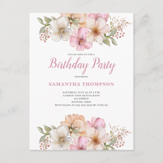 Invitation d'anniversaire florale pêche rose (Devant)