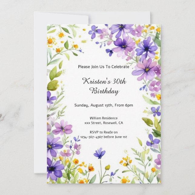 Invitation d'anniversaire florale personnalisée (Devant)