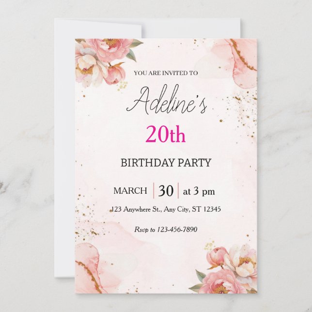Invitation d'anniversaire florale Rose Blush (Devant)