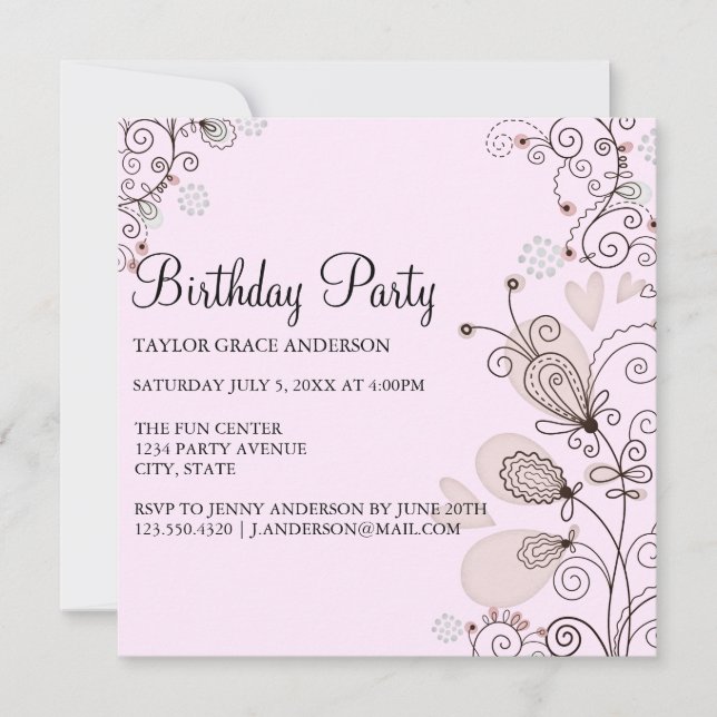 Invitation d'anniversaire florale rose et noire (Devant)