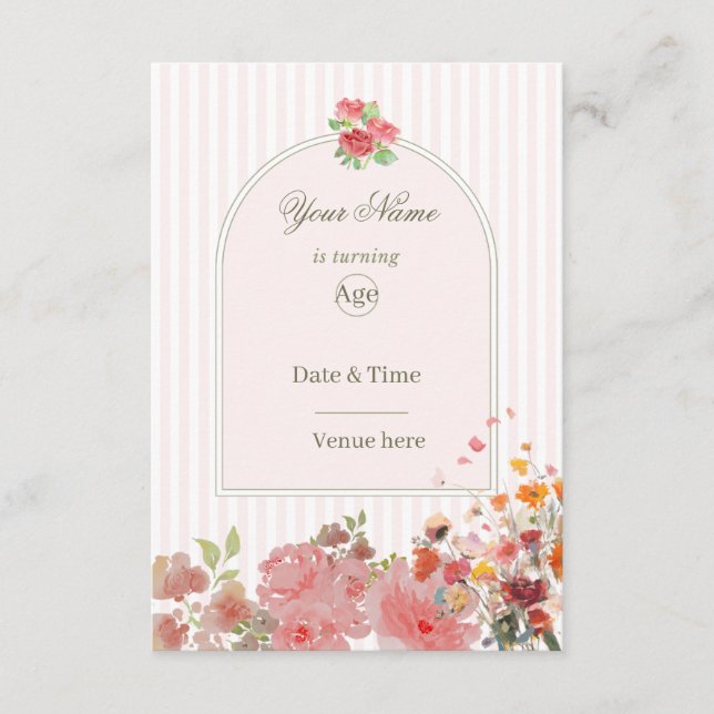Invitation d'anniversaire florale rose pâle et cor (Devant)