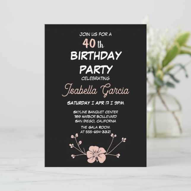 Invitation d'anniversaire florale sombre noire  (Debout devant)