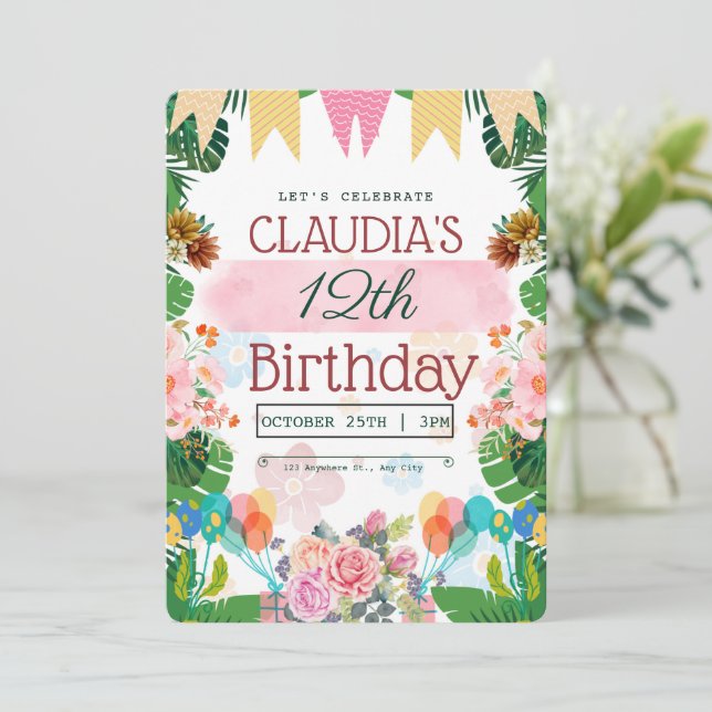 Invitation d'anniversaire florale verte colorée (Debout devant)