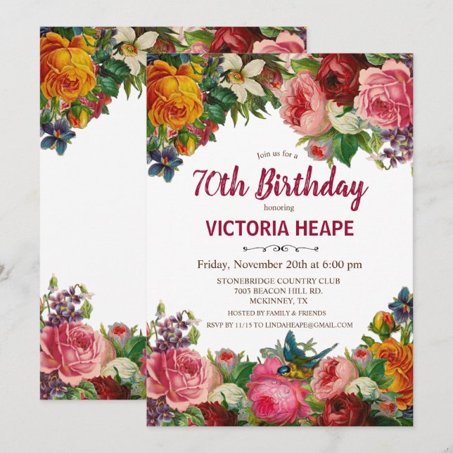 Invitation d'anniversaire florale vintage - TOUT Â (Devant / Derrière)