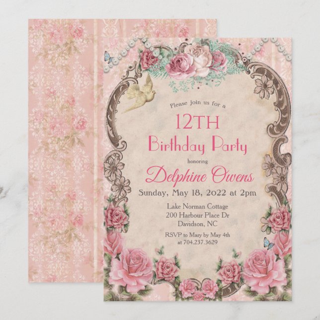 Invitation d'anniversaire florale vintage - TOUT Â (Devant / Derrière)