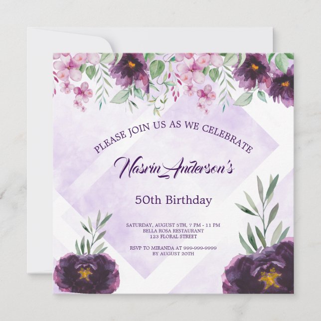 Invitation d'anniversaire florale violette élégant (Devant)