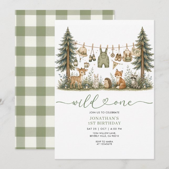 Invitation d'anniversaire Forest Wild One (Devant / Derrière)