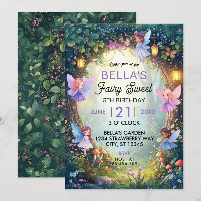 Invitation d'anniversaire Forêt de fées enchantée (Devant / Derrière)