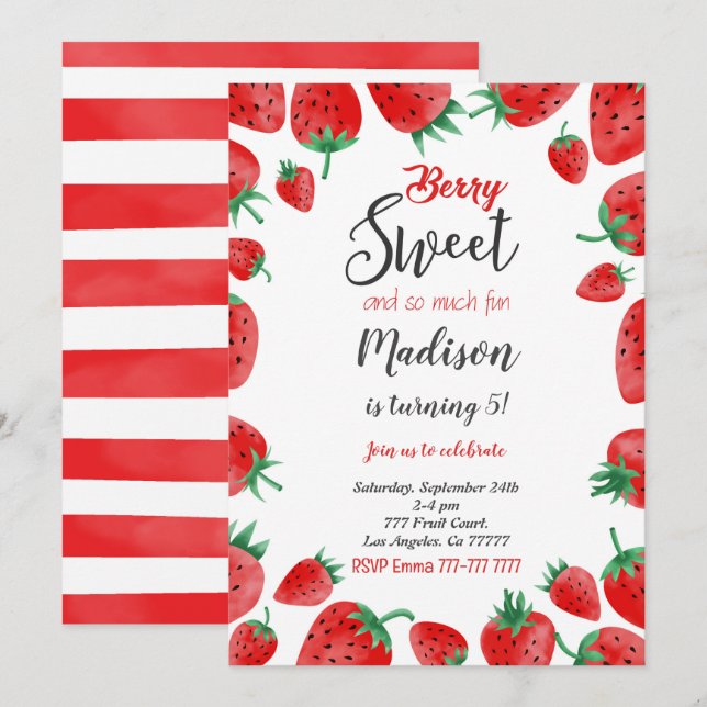Invitation d'anniversaire fraise (Devant / Derrière)