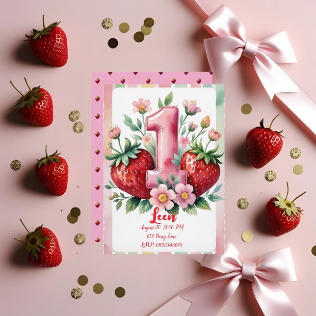 Invitation d'anniversaire fraise | Fille rose roug (Créateur téléchargé)