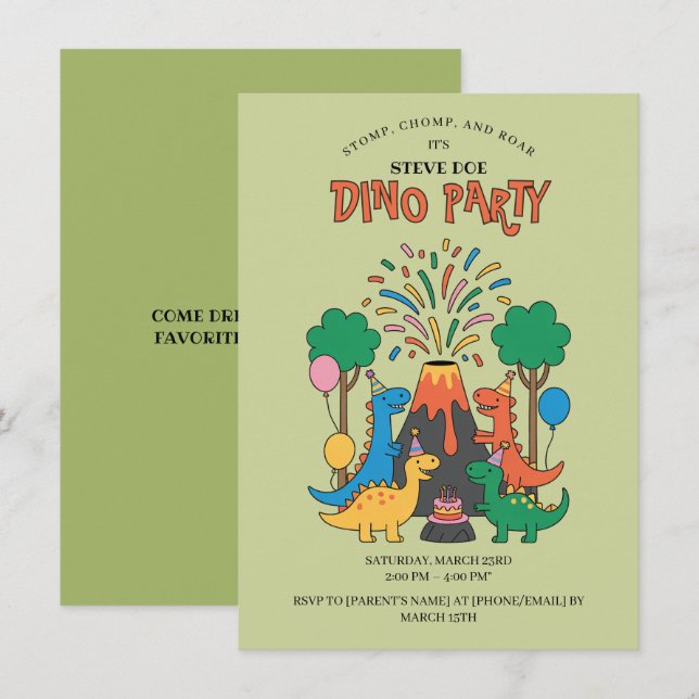 Invitation d'anniversaire Fun Dino Party Dinosaure (Devant / Derrière)